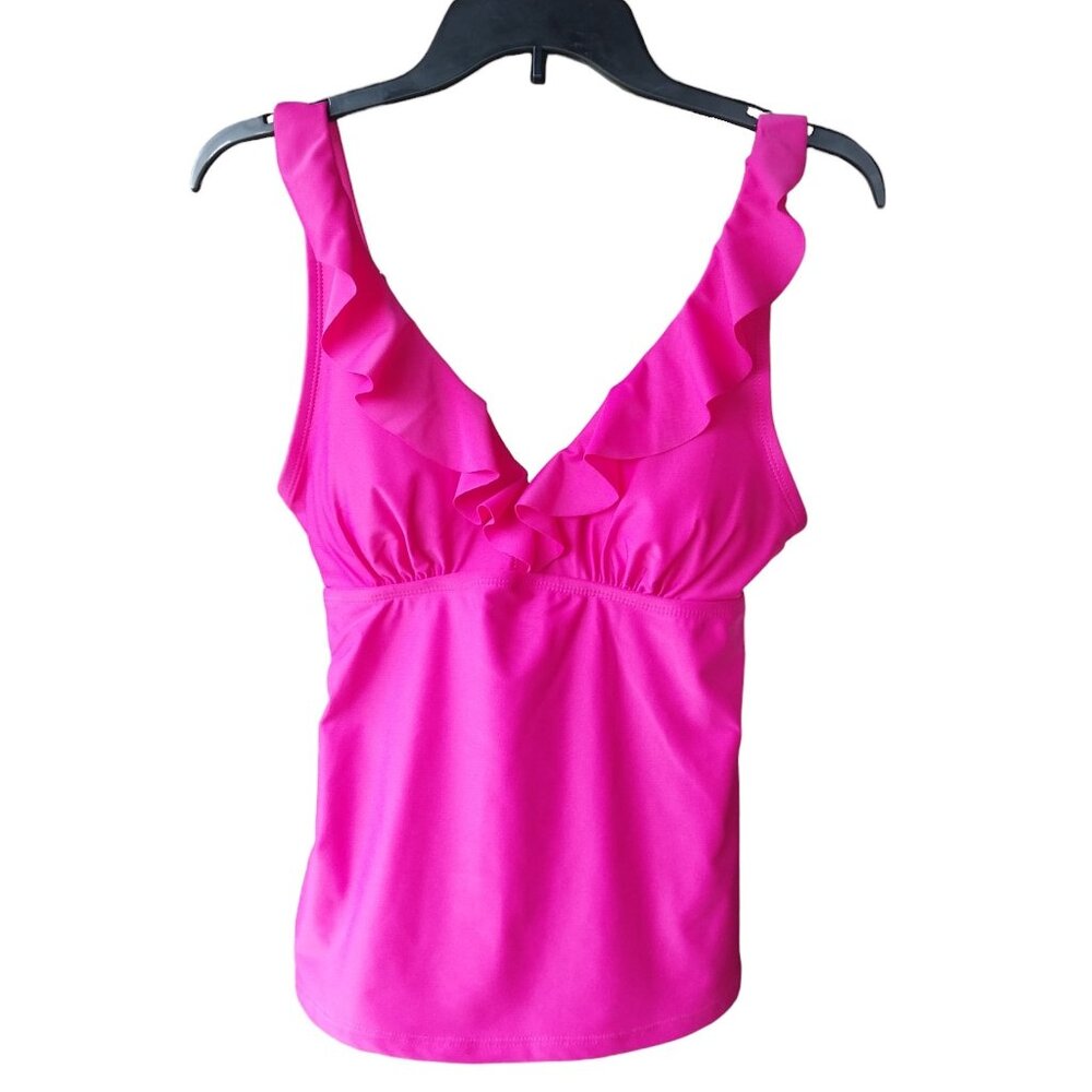 DKNY Bright/Hot Pink Ruffle Swim Top Medium (Top Only)